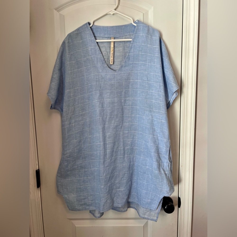 Uncle Frank Light Blue Plaid V-Neck Blouse